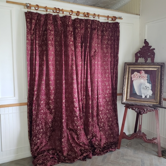 Custom Drapes 150 x 98 2 Panel Maroon Gold Floral Jacquard Room Darken Rod Pkt - Picture 7 of 9